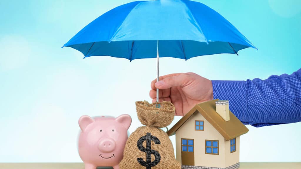 A hand holds an umbrella shielding a bag with the dollar symbol, a toy house, and a piggy bank.