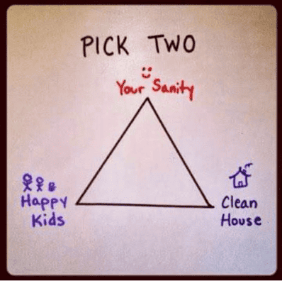 [Image Description: An image of a black, drawn triangle. At the top of the image are the words “PICK TWO” in all caps. On top of the triangle are the words “your sanity” in red with a smiley face above them. On the bottom right of the triangle are t…