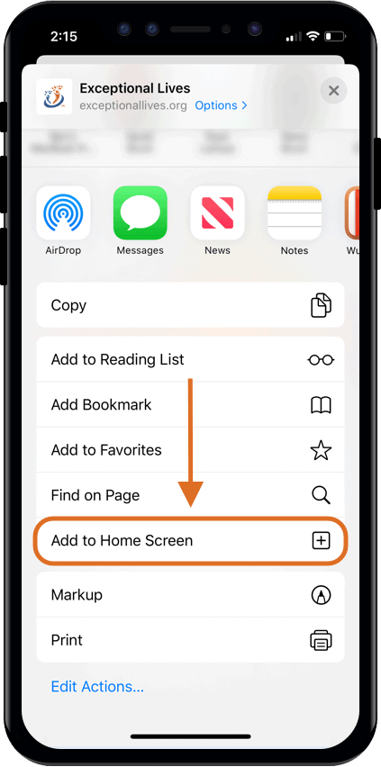 [The image shows a black iPhone with the sharing tab opened up. At the top of the screen, there’s the Exceptional Lives website being shared. Below is the AirDrop, iMessages, News, and Notes widget. Below is the “Copy” feature, “Add to Reading …