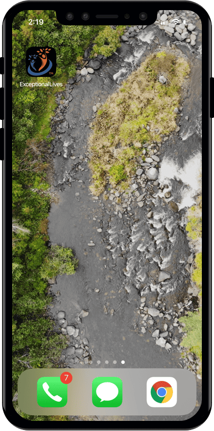 [Image Description: The image shows a black iPhone and it’s home screen. The home screen is greenery around a stream with rocks. At the top of the screen, there’s the black Exceptional Lives widget. At the bottom of the screen, there’s the phone wid…